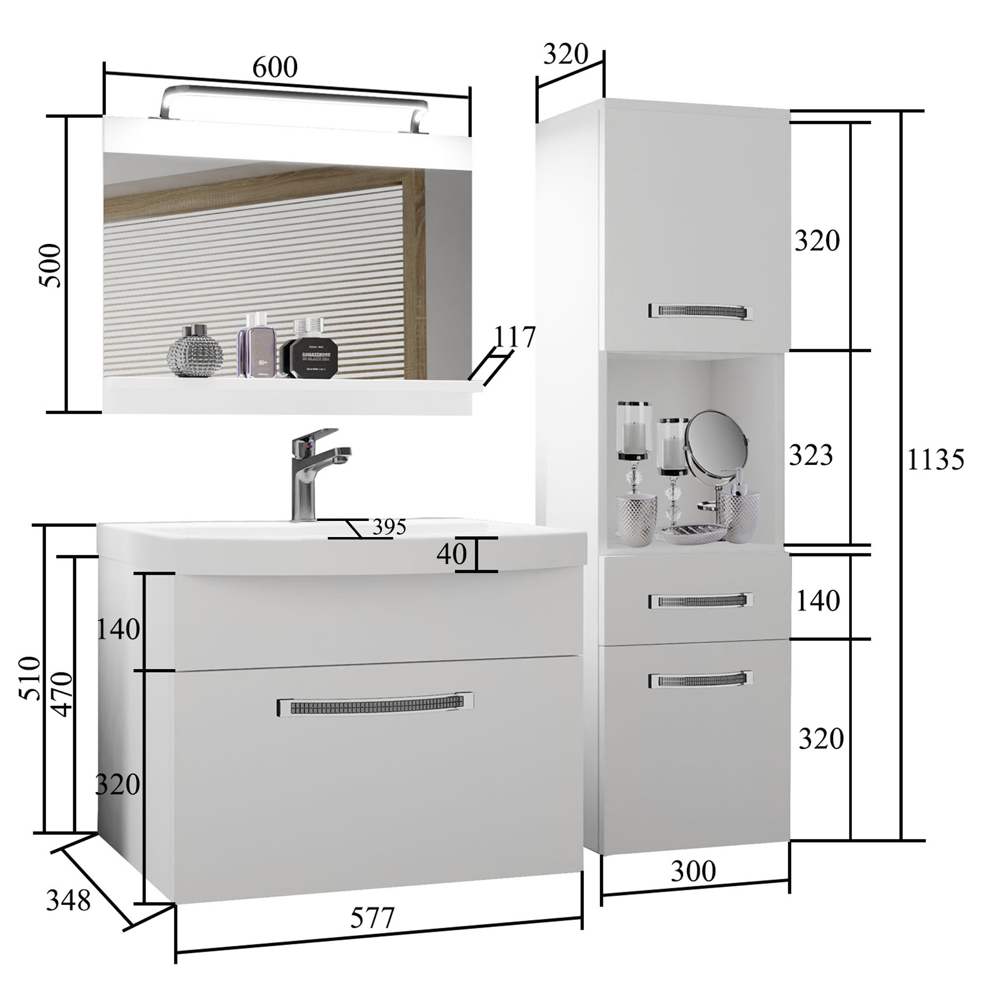 Ensemble de meubles de salle de bain Glamour 49 GLA P 3/0/W/BS/0/MB/PP