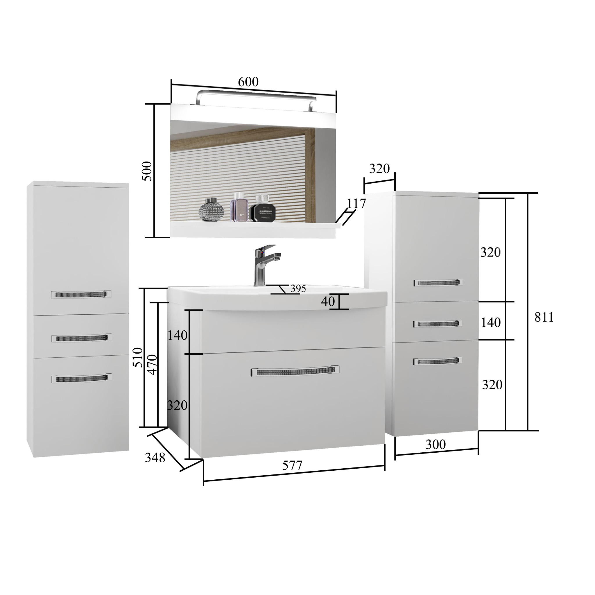 Ensemble de meubles de salle de bain Glamour 64 GLA P 4/0/W/S/0/MB/PP