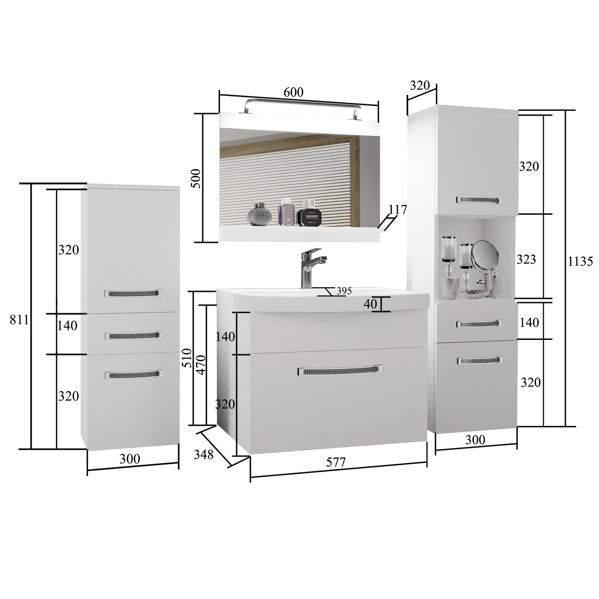 Ensemble de meubles de salle de bain Glamour 92 GLA PM 5/0/W/WHK/0/MB/PP