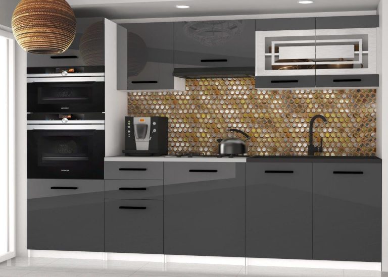 Meuble de cuisine 240 cm gris brillant sans plan de travail Fabricant INF PAULA2/4/WT/S/BB/B1