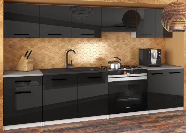 Meubles de cuisine 240 cm noir brillant avec plan de travail Fabricant INF UNIQA2/5/WT/B/0/B1