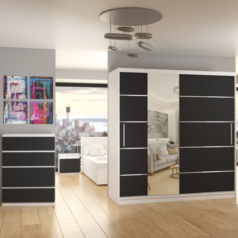 Armoire 200 cm Belini blanc mat / noir mat avec portes coulissantes miroir et tiroirs Fabricant MBP SZP5/1/W/B/0/KLAL

