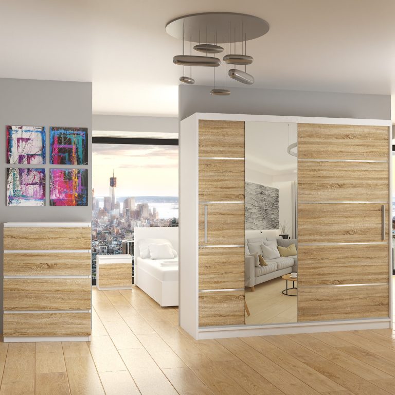 Armoire 200 cm Belini blanc mat / chêne sonoma avec portes coulissantes, miroir et tiroirs Fabricant MBP SZP5/1/W/DS/0/KLAL

