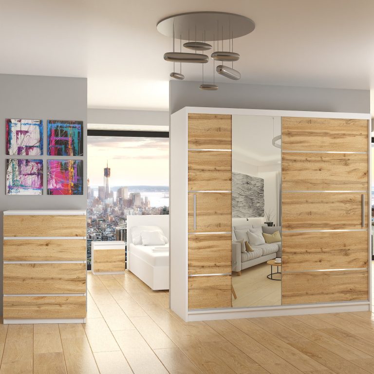 Armoire 200 cm Belini blanc mat / chêne wotan avec portes coulissantes, miroir et tiroirs Fabricant MBP SZP5/1/W/DW/0/KLAL