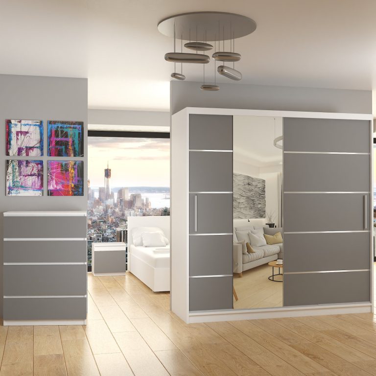 Armoire 200 cm Belini blanc mat / gris mat avec portes coulissantes miroir et tiroirs Fabricant MBP SZP5/1/W/SR/0/KLAL

