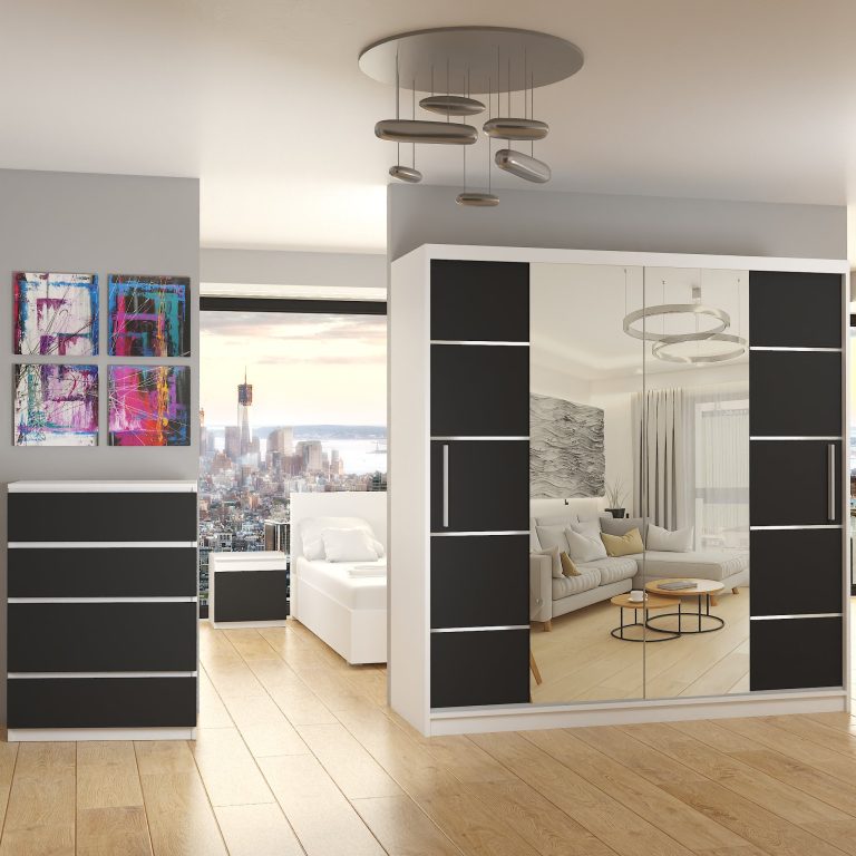Armoire 200 cm Belini blanc mat / noir mat avec portes coulissantes miroir et tiroirs Fabricant ME SZP5/1/W/B/0/KLAL