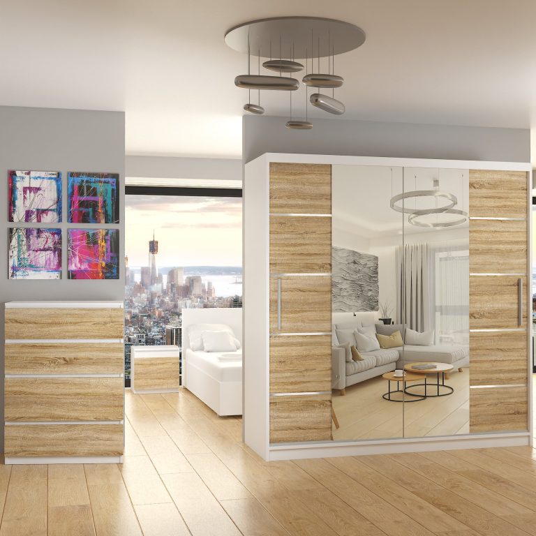 Armoire 200 cm Belini blanc mat / chêne sonoma avec portes coulissantes, miroir et tiroirs Fabricant ME SZP5/1/W/DS/0/KLAL