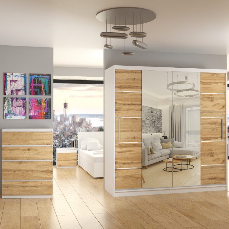 Armoire 200 cm Belini blanc mat / marron avec portes coulissantes, miroir et tiroirs Fabricant ME SZP5/1/W/KN/0/KLAL