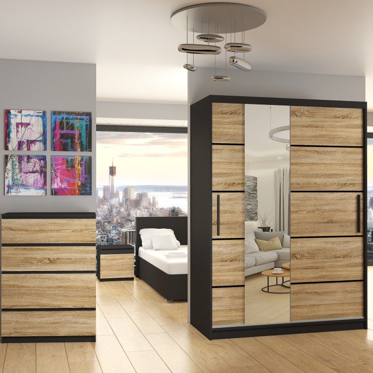 Armoire 133 cm Belini noir mat / chêne sonoma avec portes coulissantes, miroir et tiroirs Fabricant MBP SZP6/1/B/DS/0/KLP