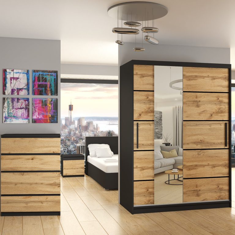 Armoire 133 cm Belini noir mat / chêne wotan avec portes coulissantes, miroir et tiroirs Fabricant MBP SZP6/1/B/DW/0/KLP