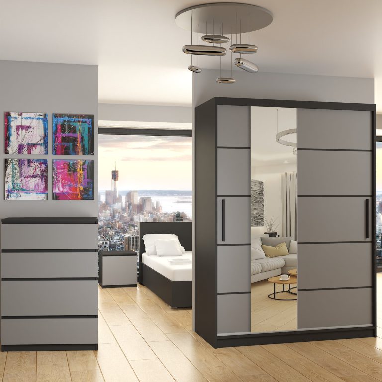 Armoire 133 cm Belini noir mat / gris mat avec portes coulissantes, miroir et tiroirs Fabricant MBP SZP6/1/B/SR/0/KLP