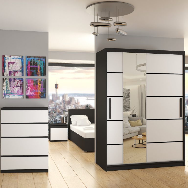 Armoire 133 cm Belini noir mat / blanc mat avec portes coulissantes miroir et tiroirs Fabricant MBP SZP6/1/B/W/0/KLP