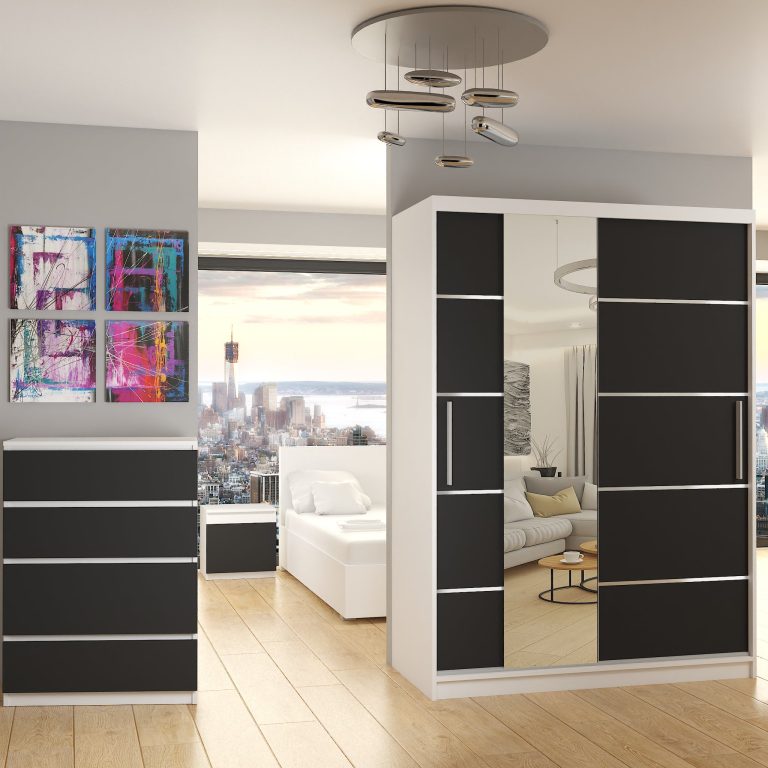 Armoire 133 cm Belini blanc mat / noir mat avec portes coulissantes miroir et tiroirs Fabricant MBP SZP6/1/W/B/0/KLAL