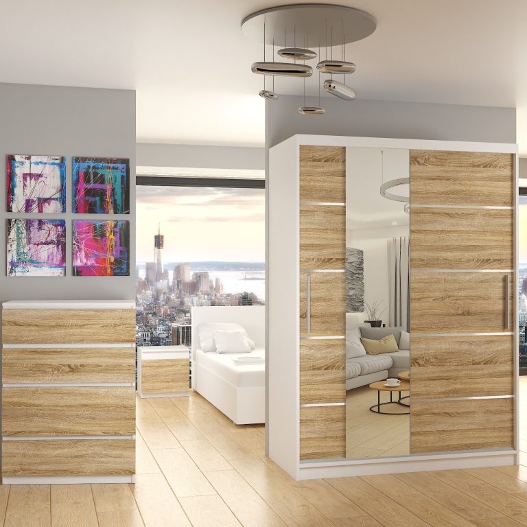 Armoire 133 cm Belini blanc mat / chêne sonoma avec portes coulissantes, miroir et tiroirs Fabricant MBP SZP6/1/W/DS/0/KLAL