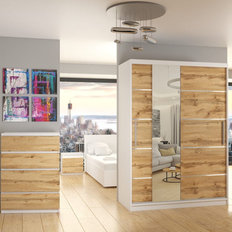 Armoire 133 cm Belini blanc mat / chêne wotan avec portes coulissantes, miroir et tiroirs Fabricant MBP SZP6/1/W/DW/0/KLAL