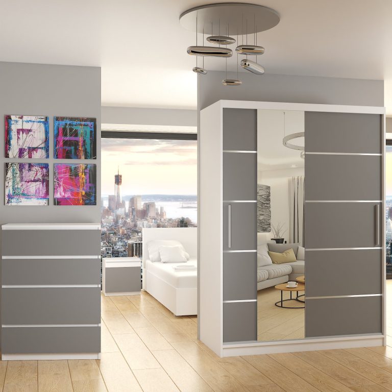 Armoire 133 cm Belini blanc mat / gris mat avec portes coulissantes miroir et tiroirs Fabricant MBP SZP6/1/W/SR/0/KLAL