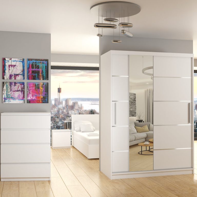 Armoire 133 cm Belini blanc mat avec portes coulissantes, miroir et tiroirs Fabricant MBP SZP6/1/W/W/0/KLAL