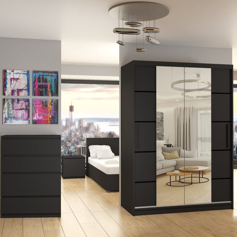 Armoire 133 cm Belini noir mat avec portes coulissantes, miroir et tiroirs Fabricant ME SZP6/1/B/B/0/KLP