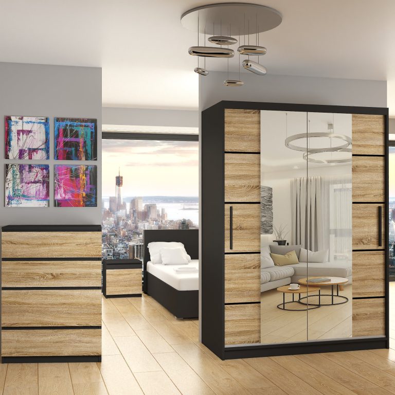 Armoire 133 cm Belini noir mat / chêne sonoma avec portes coulissantes, miroir et tiroirs Fabricant ME SZP6/1/B/DS/0/KLP