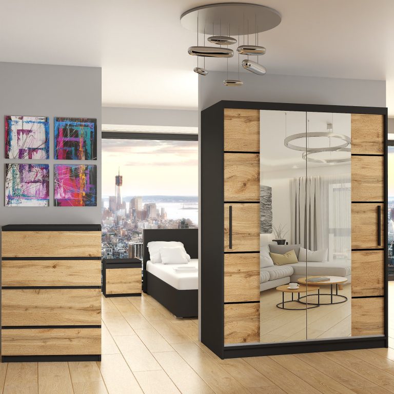 Armoire 133 cm Belini noir mat / chêne wotan avec portes coulissantes, miroir et tiroirs Fabricant ME SZP6/1/B/DW/0/KLP