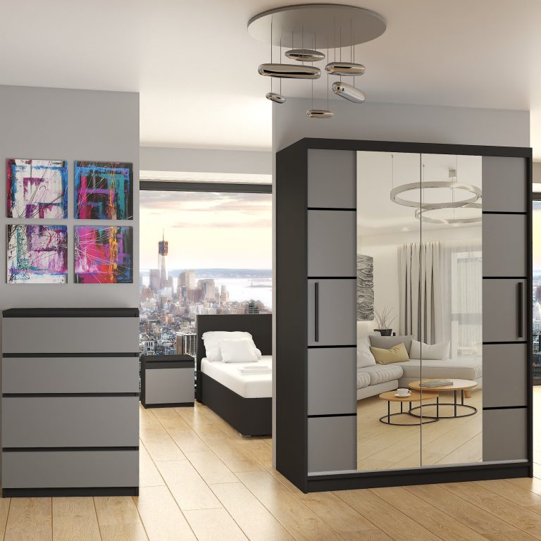 Armoire 133 cm Belini noir mat / gris mat avec portes coulissantes miroir et tiroirs Fabricant ME SZP6/1/B/SR/0/KLP