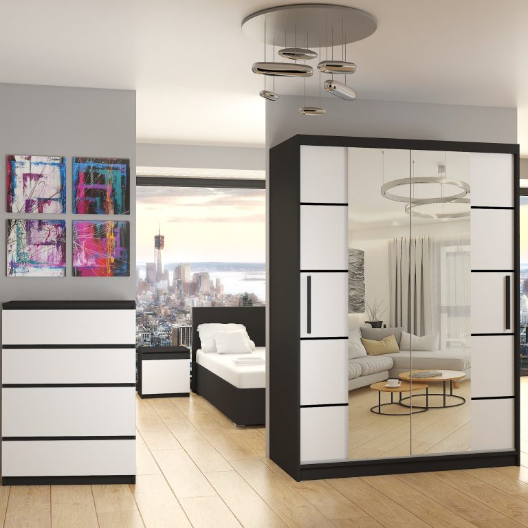 Armoire 133 cm Belini noir mat / blanc mat avec portes coulissantes miroir et tiroirs Fabricant ME SZP6/1/B/W/0/KLP