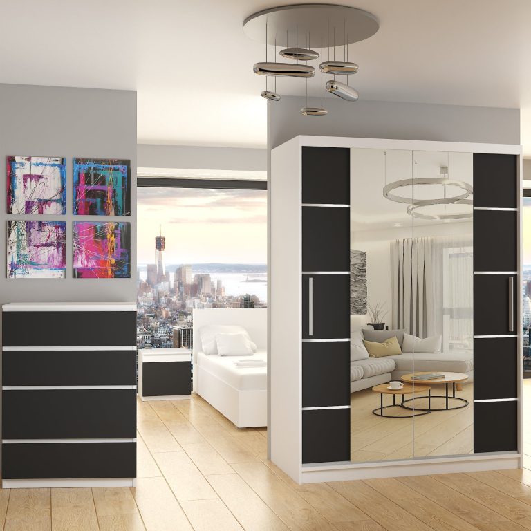 Armoire 133 cm Belini blanc mat / noir mat avec portes coulissantes miroir et tiroirs Fabricant ME SZP6/1/W/B/0/KLAL