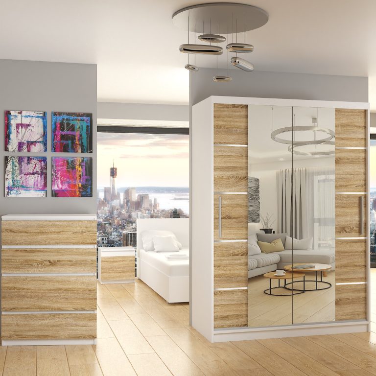 Armoire 133 cm Belini blanc mat / chêne sonoma avec portes coulissantes, miroir et tiroirs Fabricant ME SZP6/1/W/DS/0/KLAL