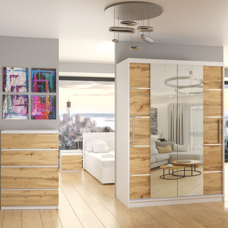 Armoire 133 cm Belini blanc mat / chêne wotan avec portes coulissantes, miroir et tiroirs Fabricant ME SZP6/1/W/DW/0/KLAL