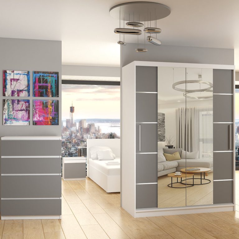 Armoire 133 cm Belini blanc mat / gris mat avec portes coulissantes miroir et tiroirs Fabricant ME SZP6/1/W/SR/0/KLAL
