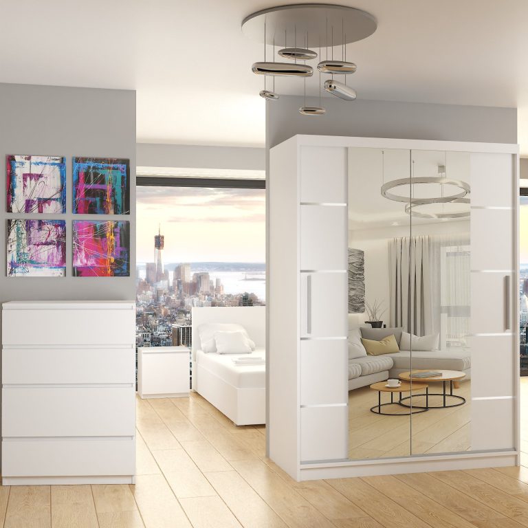 Armoire 133 cm Belini blanc mat avec portes coulissantes, miroir et tiroirs Fabricant ME SZP6/1/W/W/0/KLAL