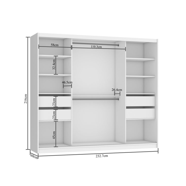 Armoire 235 cm Belini blanc mat / gris mat avec portes coulissantes miroir et tiroirs Fabricant MBP SZP8/0/1W/2SR1L/0/KLAL