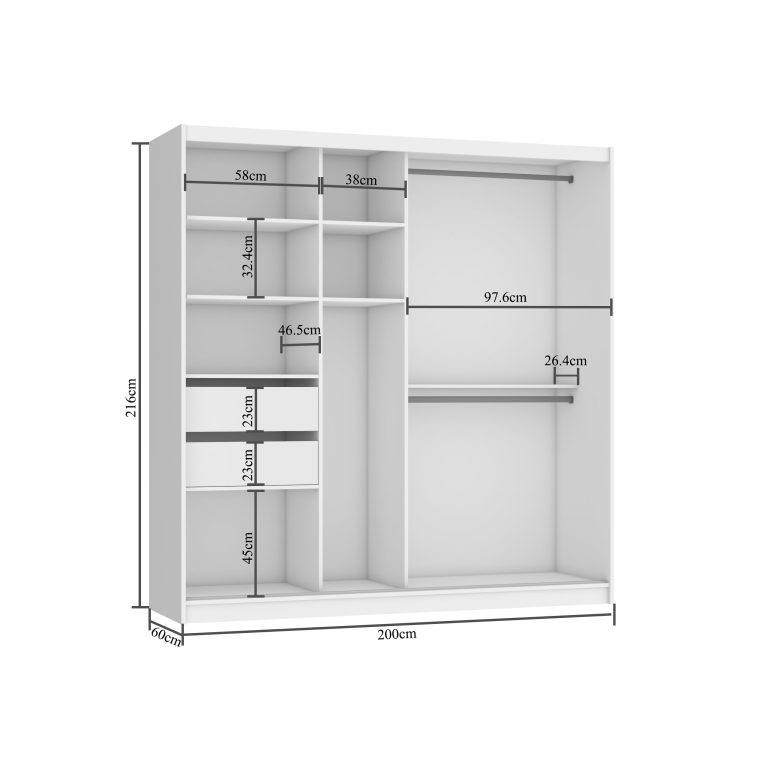 Armoire 200 cm Belini blanc mat / gris brillant avec portes coulissantes miroir et tiroirs Fabricant MGB SZP5/1/W/1L5S/KLAL
