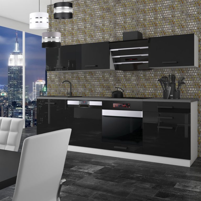 Meubles de cuisine Premium Version Complète 240 cm brillance noir sans plan de travail Fabricant INF LINDA/0/WT/B/0/B1