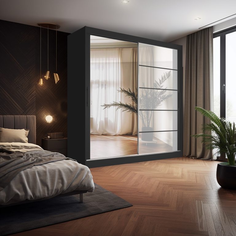 Armoire 200 cm Belini noir mat / blanc brillant avec portes coulissantes miroir et tiroirs Fabricant MGB SZP5/1/B/1L5W/KLP