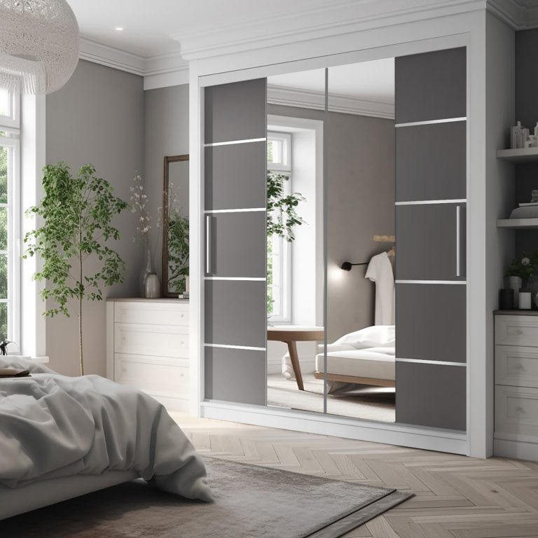 Armoire 200 cm Belini blanc mat / gris mat avec portes coulissantes miroir et tiroirs Fabricant ME SZP5/1/W/SR/0/KLAL
