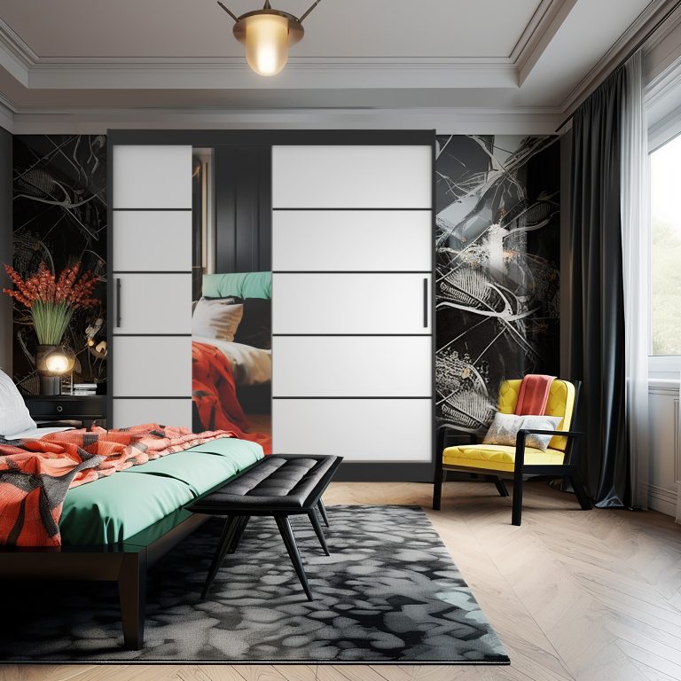 Armoire 200 cm Belini noir mat / blanc mat avec portes coulissantes, miroir et tiroirs Fabricant MBP SZP5/1/B/W/0/KLP

