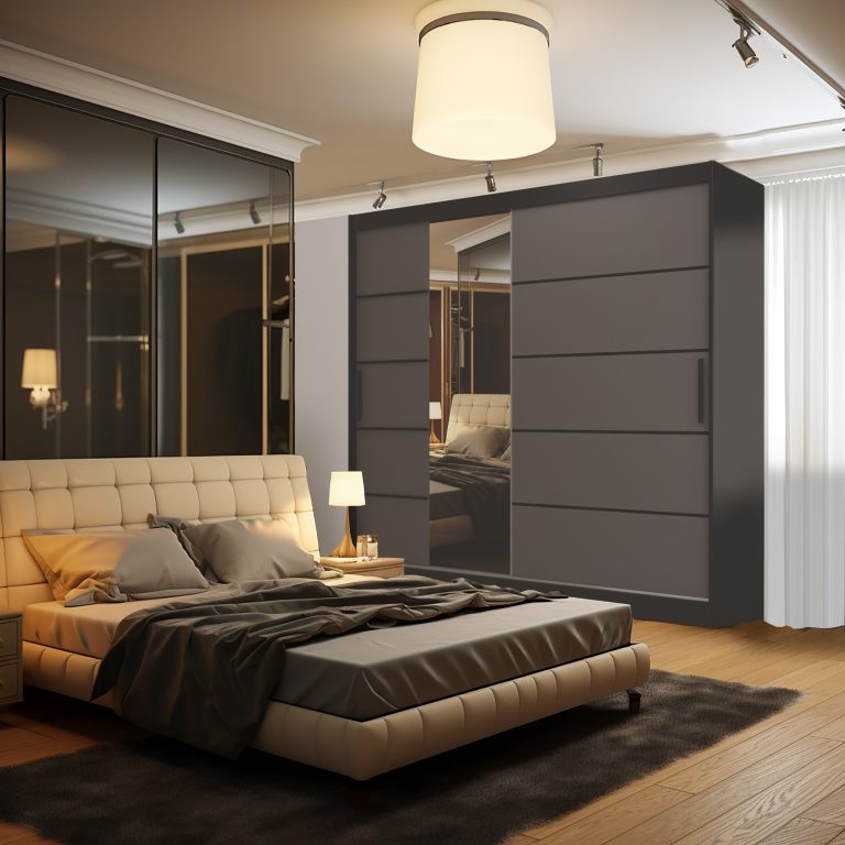 Armoire 200 cm Belini noir mat / gris mat avec portes coulissantes miroir et tiroirs Fabricant MBP SZP5/1/B/SR/0/KLP

