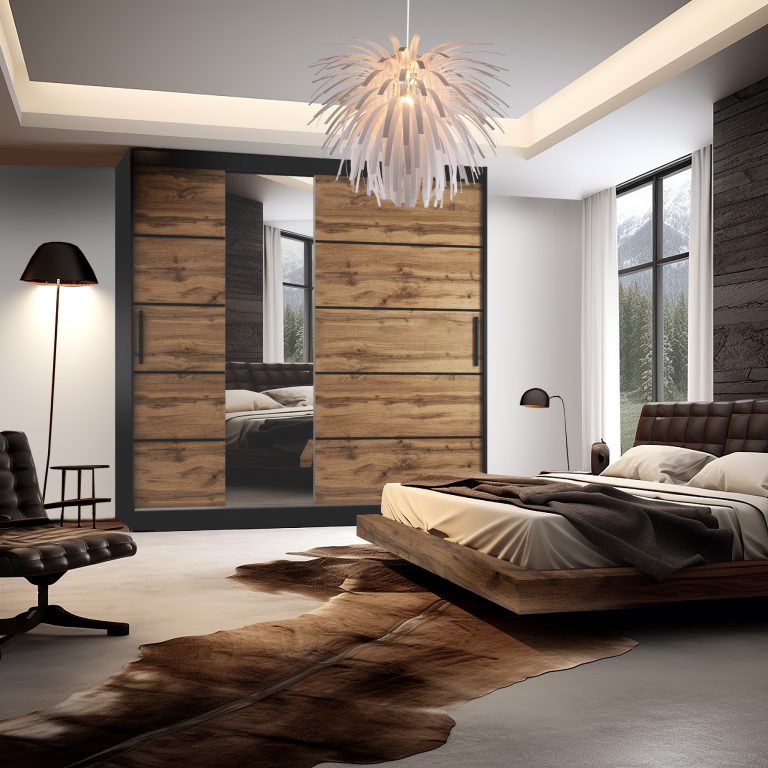 Armoire 200 cm Belini noir mat / chêne wotan avec portes coulissantes, miroir et tiroirs Fabricant MBP SZP5/1/B/DW/0/KLP

