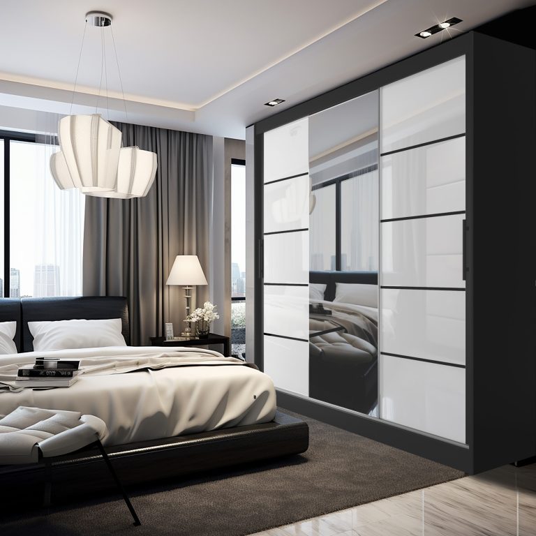 Armoire cm Belini noir mat / blanc brillant avec portes coulissantes miroir et tiroirs Fabricant MGB SZP8/0/B/2W1L/KLP