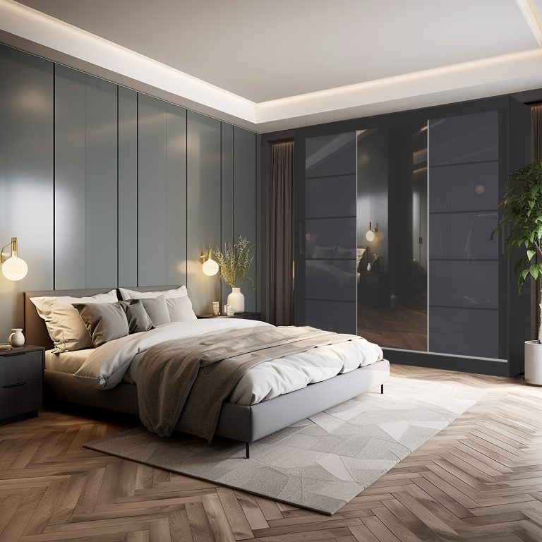 Armoire 235 cm Belini noir mat / gris brillant avec portes coulissantes miroir et tiroirs Fabricant MGB SZP8/0/B/2S1L/KLP