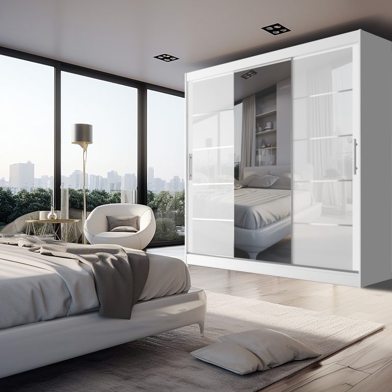 Armoire 235 cm Belini blanc mat / blanc brillant avec portes coulissantes miroir et tiroirs Fabricant MGB SZP8/0/W/2W1L/KLAL