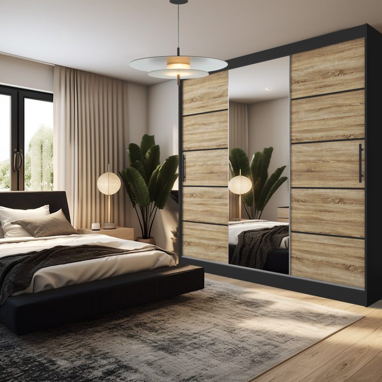 Armoire 235 cm Belini noir mat / chêne sonoma avec portes coulissantes, miroir et tiroirs Fabricant MBP SZP8/0/1B/2DS1L/0/KLP