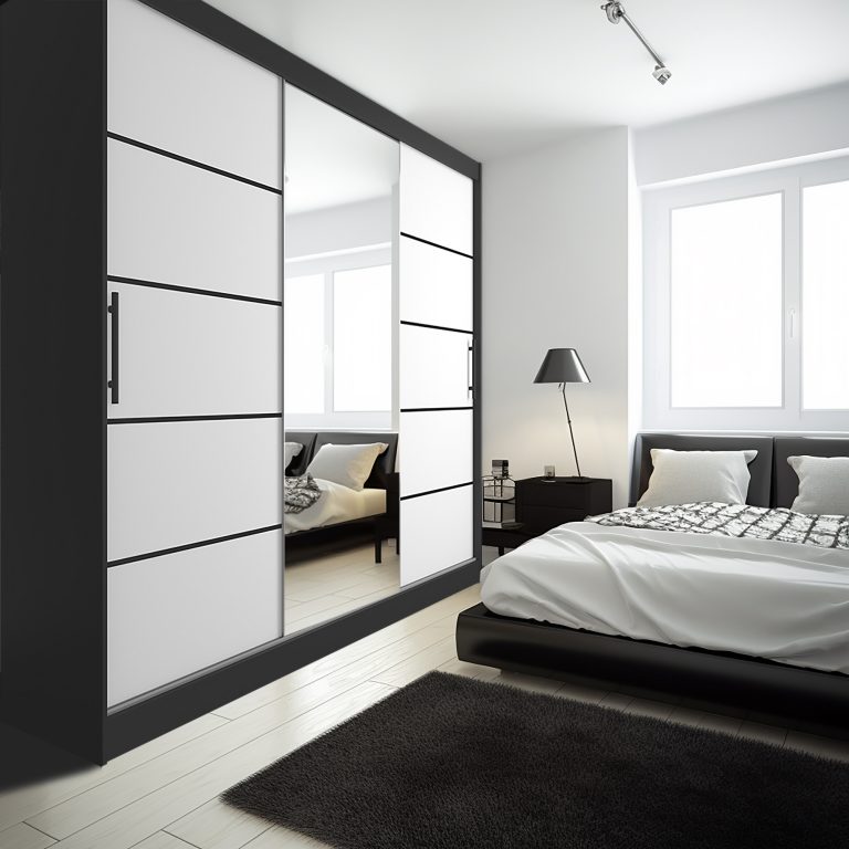 Armoire 235 cm Belini noir mat / blanc mat avec portes coulissantes miroir et tiroirs Fabricant MBP SZP8/0/1B/2W1L/0/KLP