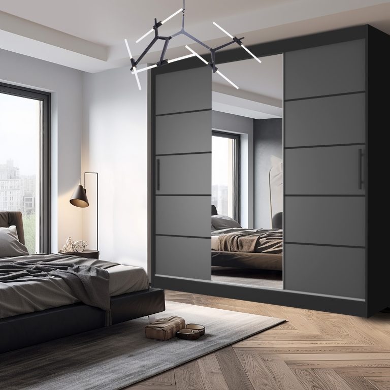 Armoire 200 cm Belini noir mat / gris mat avec portes coulissantes miroir et tiroirs Fabricant MT SZP5/1/B/SR/0/KLP