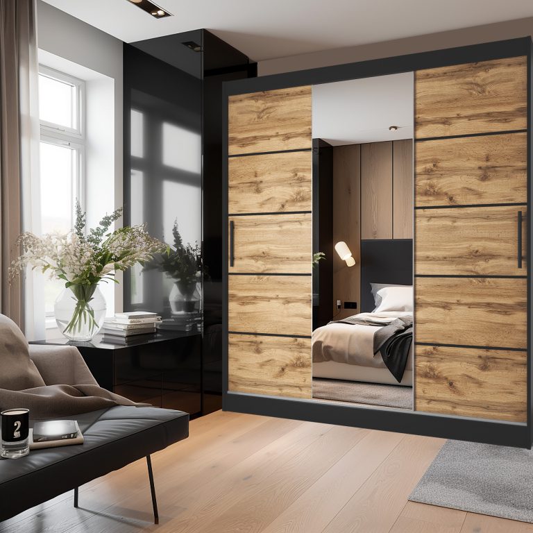 Armoire 200 cm Belini noir mat / chêne wotan avec portes coulissantes, miroir et tiroirs Fabricant MT SZP5/1/B/DW/0/KLP