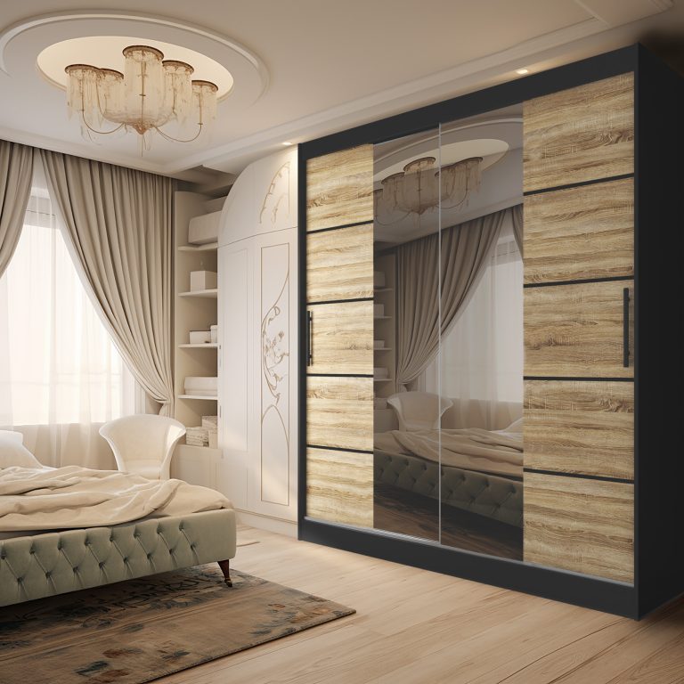 Armoire 200 cm Belini noir mat / chêne sonoma avec portes coulissantes, miroir et tiroirs Fabricant ME SZP5/1/B/DS/0/KLP

