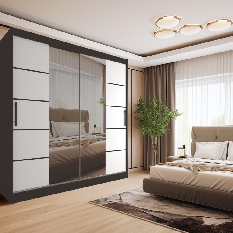 Armoire 200 cm Belini noir mat / blanc mat avec portes coulissantes miroir et tiroirs Fabricant ME SZP5/1/B/W/0/KLP
