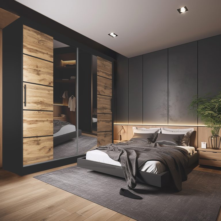 Armoire 200 cm Belini noir mat / chêne wotan avec portes coulissantes, miroir et tiroirs Fabricant ME SZP5/1/B/DW/0/KLP