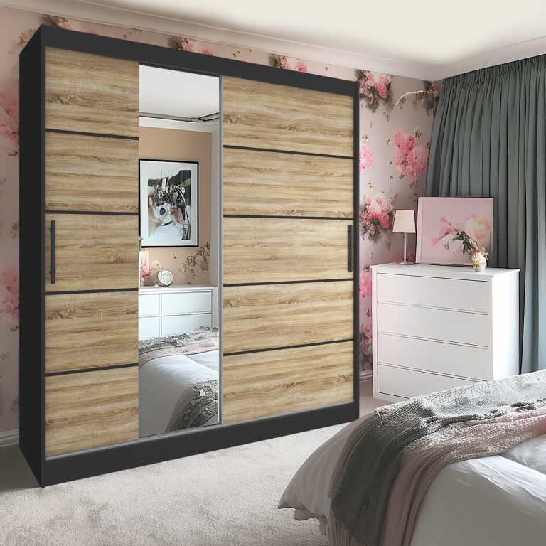 Armoire 200 cm Belini noir mat / chêne sonoma avec portes coulissantes, miroir et tiroirs Fabricant MBP SZP5/1/B/DS/0/KLP